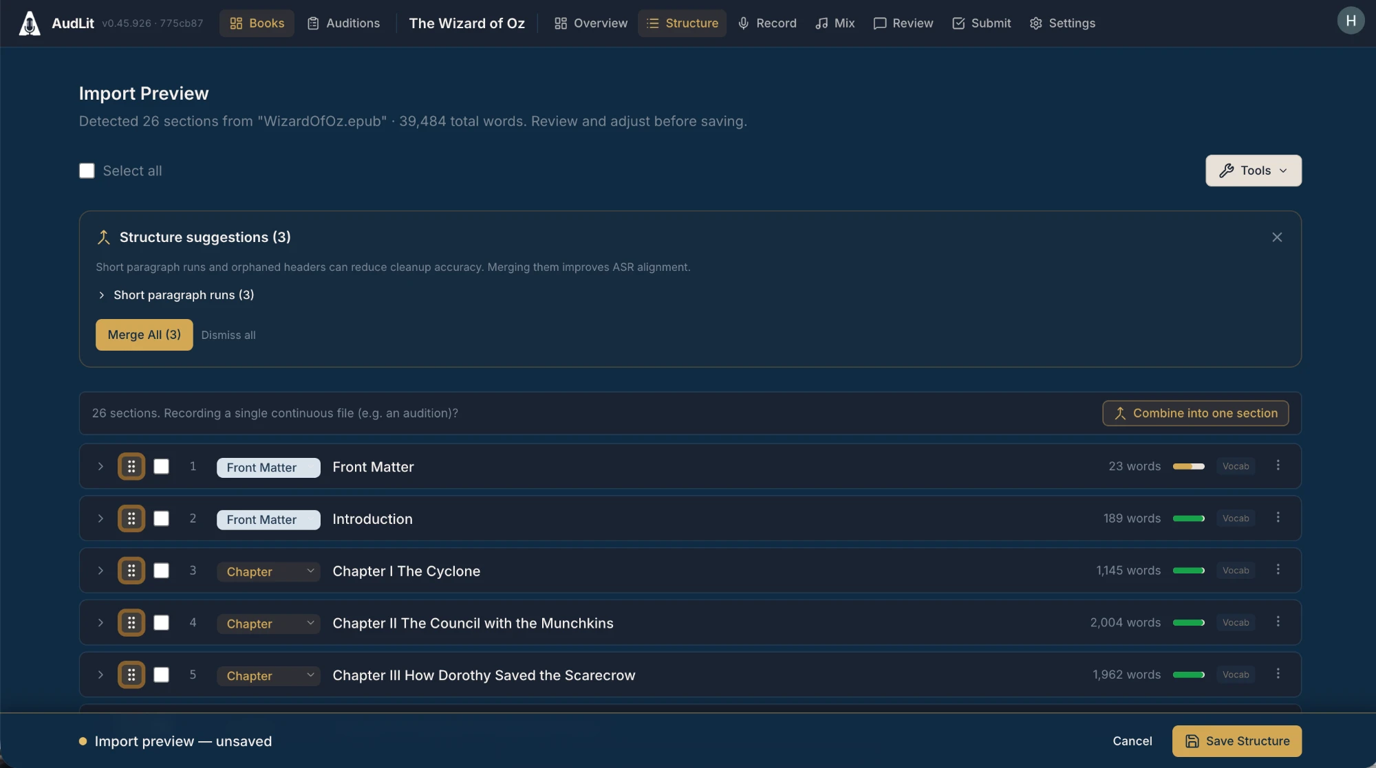 The Import Preview, showing the detected sections list with their type labels and word counts, before saving.
