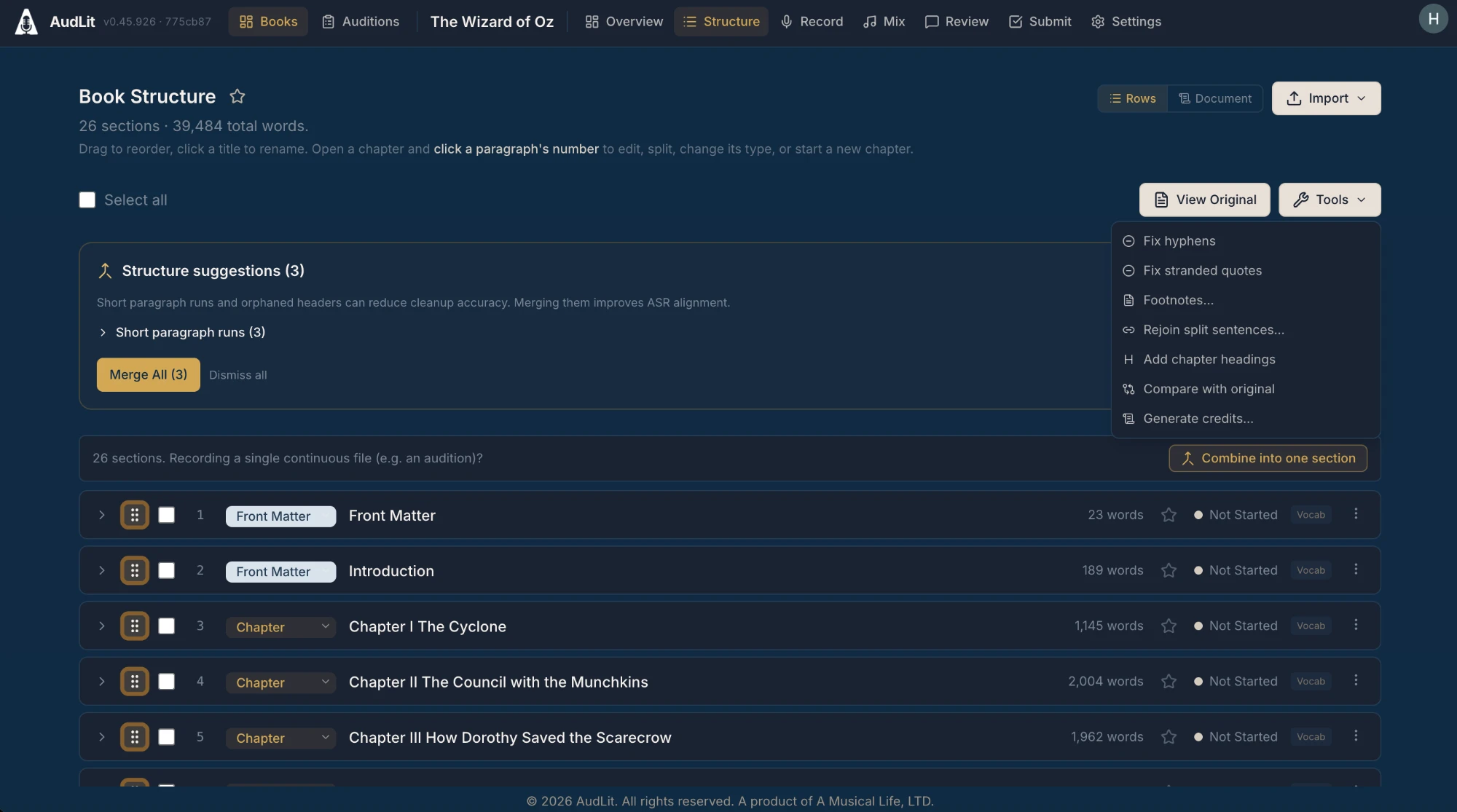 The Tools menu open on the Structure tab of a SAVED structure, showing all seven items: Fix hyphens, Fix stranded quotes, Footnotes, Rejoin split sentences, Add chapter headings, Compare with original, Generate credits. Two of those are hidden while an import preview is on screen, so save first.