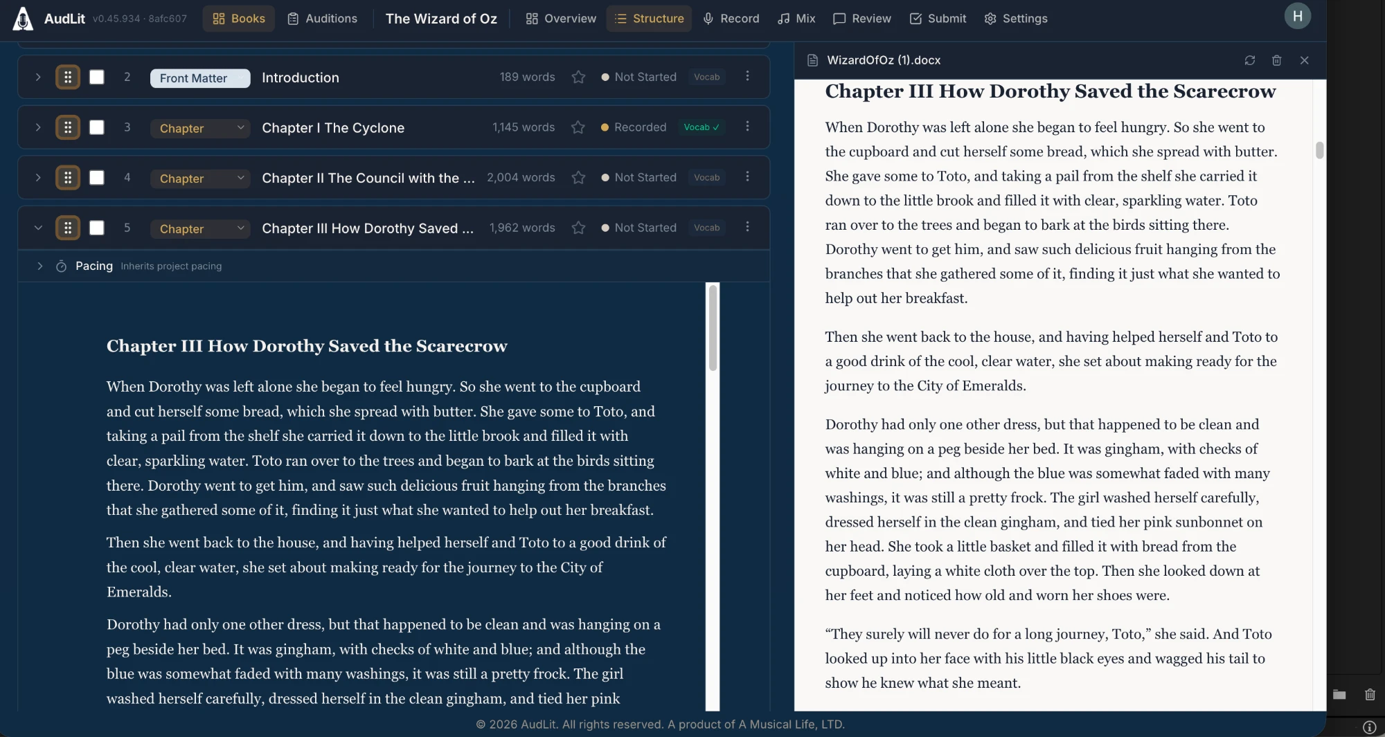 Document View with a chapter rendered as flowing text, with the original document panel open beside it.