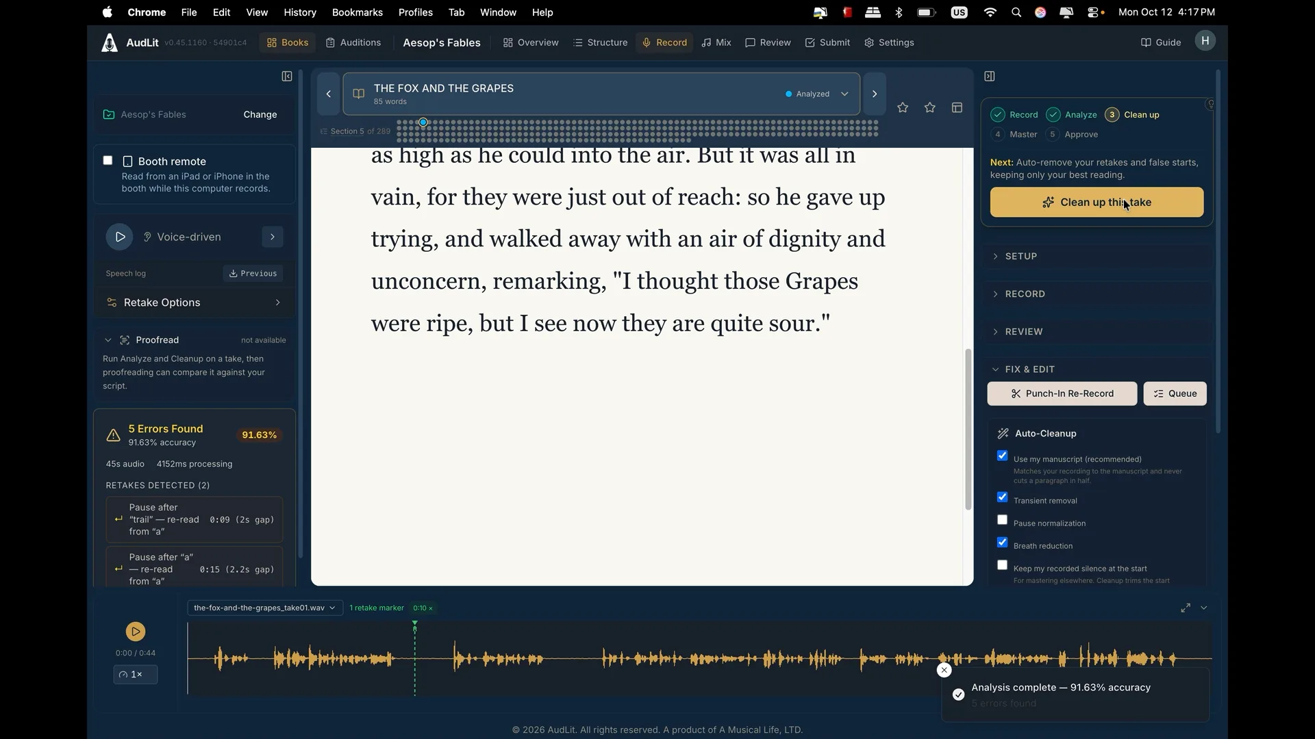 The whole Record page on a chapter that already has a recording, with that take loaded and playback stopped: the production stepper at the top of the right sidebar, the collapsible sidebar groups beneath it with Fix and Edit open, the script in the middle, and the waveform dock across the bottom showing the take and its retake markers.
