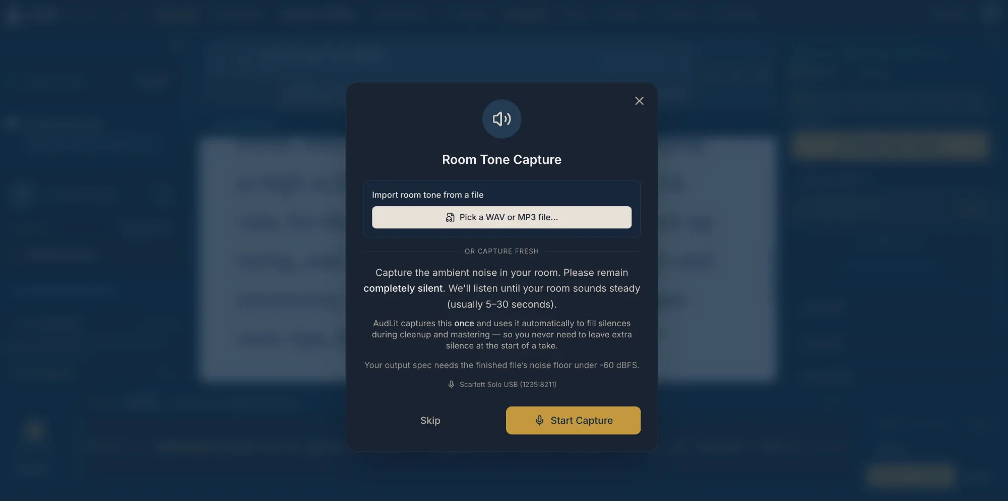 The Room Tone Capture window: an Import room tone from a file box with a Pick a WAV or MP3 file button, then Capture fresh, the silence instructions and Skip and Start Capture buttons.