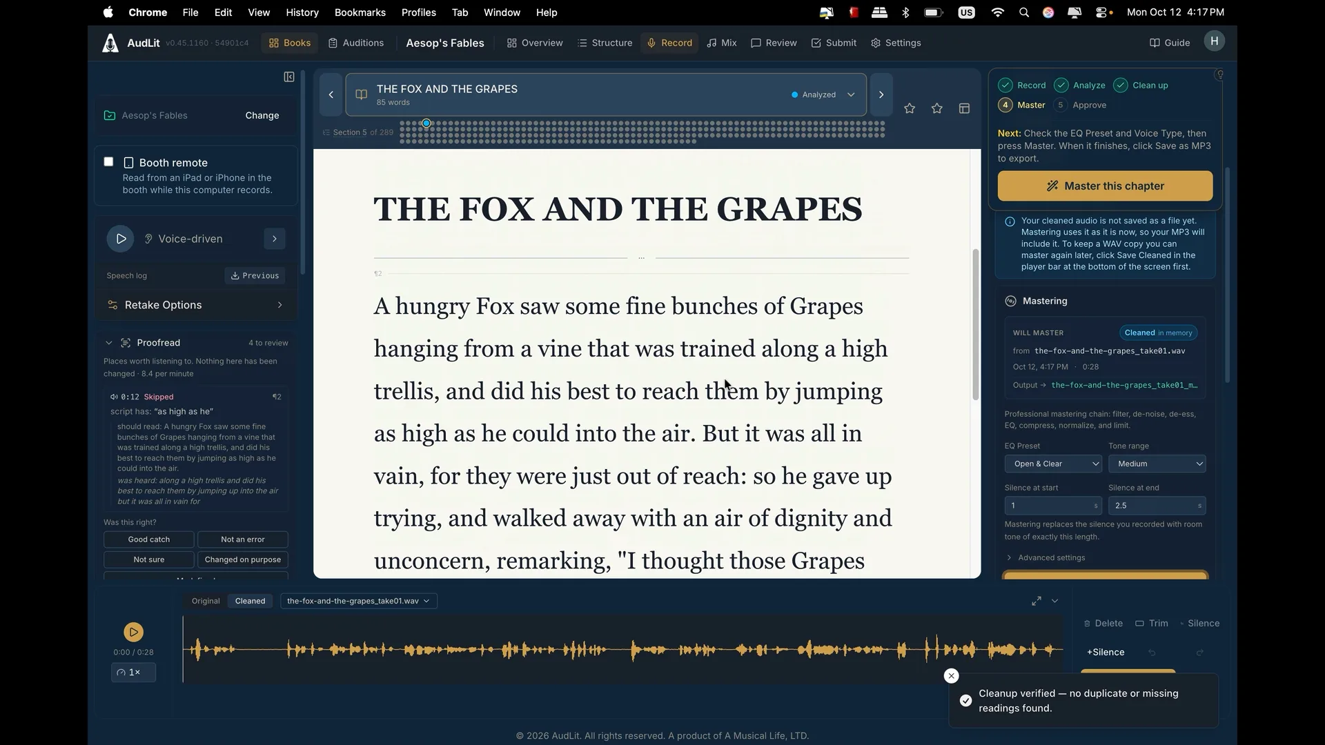 The finished cleanup in the dock on the Cleaned tab, with the Original and Cleaned tabs visible and the cleaned waveform showing, and the Proofread panel in the left column.