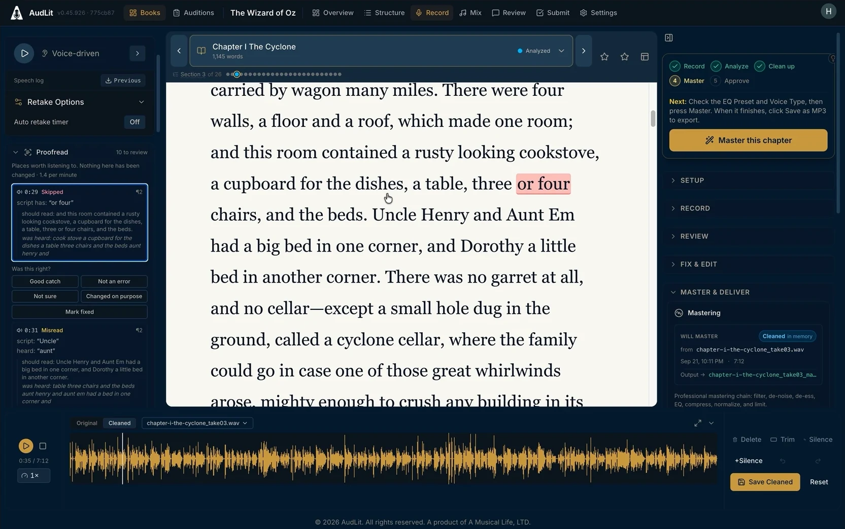 The Proofread panel after a cleanup, with a skipped-text row open showing the script line, what was heard, and the four verdict buttons, and the flagged words highlighted in the script beside it.