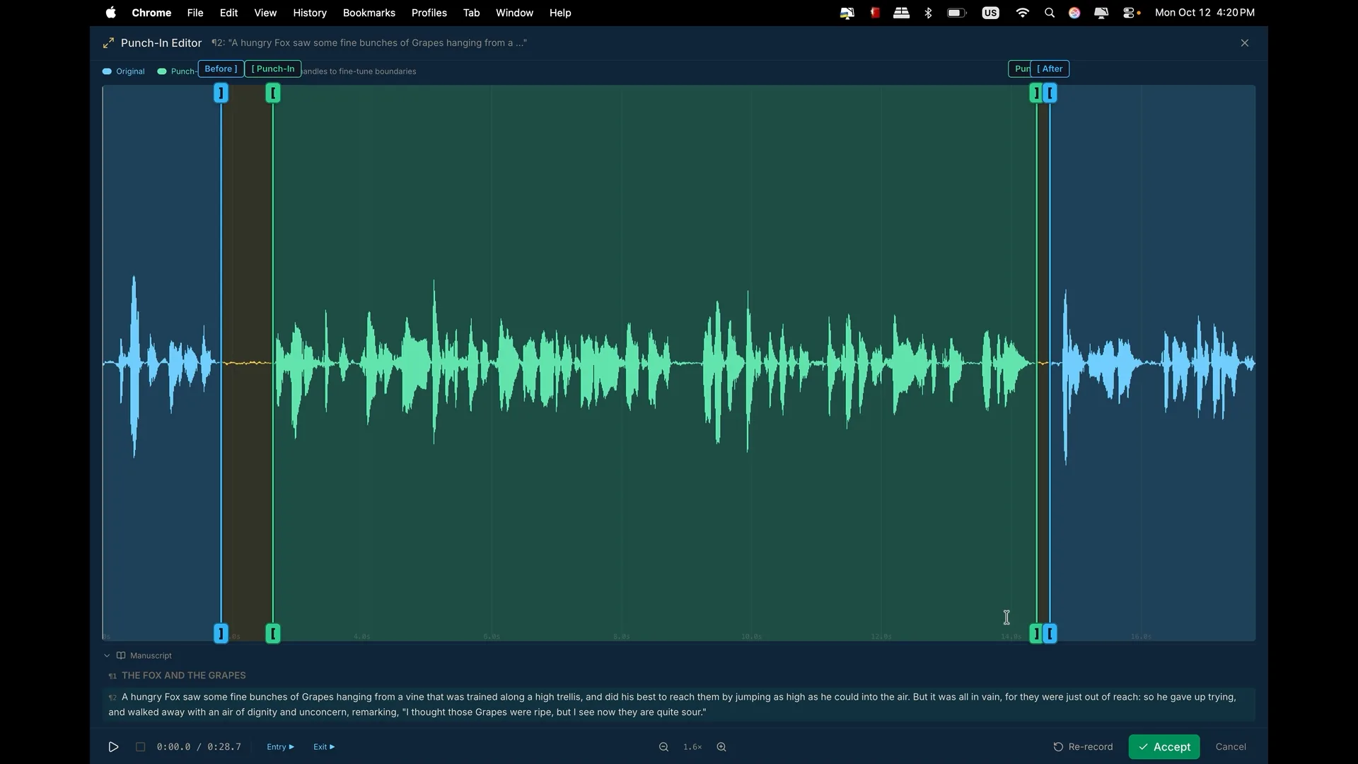 The full-screen punch-in editor: all four bracket handles on the waveform, the Original / Punch-In / Gap color key, the words labeled along the top, the manuscript panel beneath, and the Accept button. Boundaries are fine-tuned by dragging the handles here — the millisecond nudge buttons are on the preview panel, not in this editor.