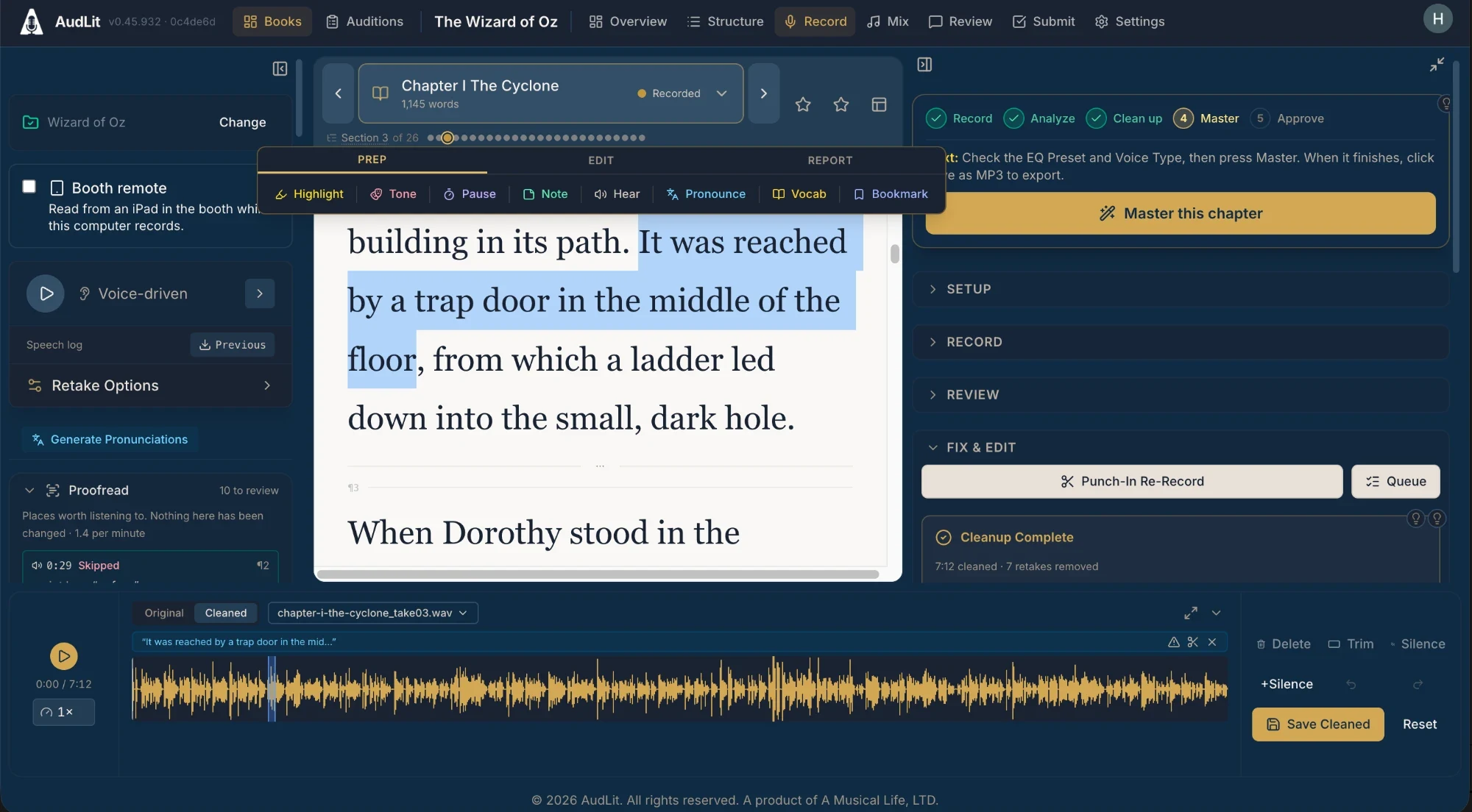 A phrase selected in the teleprompter with the selection toolbar open above it, and the same words found and highlighted as a region in the waveform dock below, labeled with the selected text.